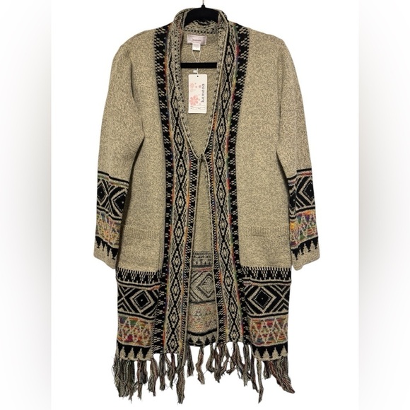 Kamana Sweaters - Kamana Boho Aztec Southwestern Open Front Fringe Cardigan Oversized Small